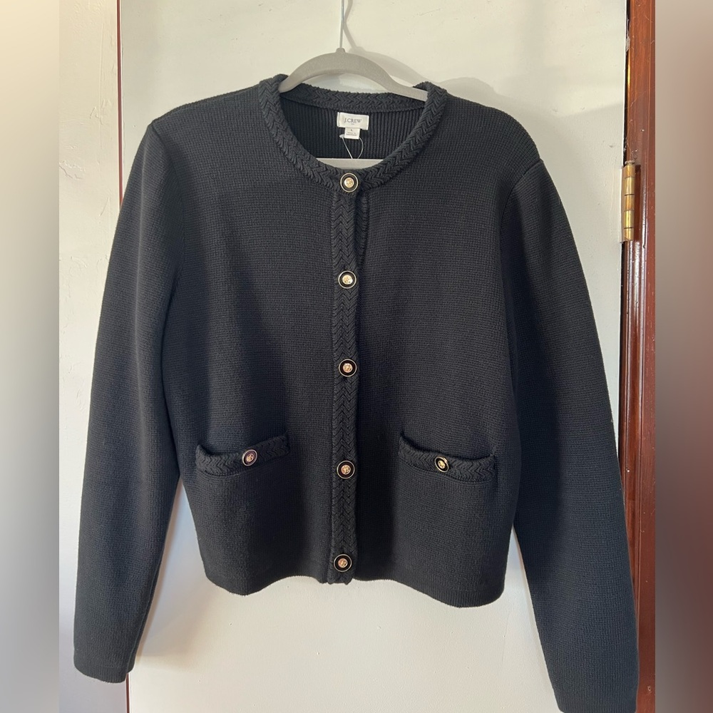 J Crew upscale, boxy cardigan with gold decorative buttons
